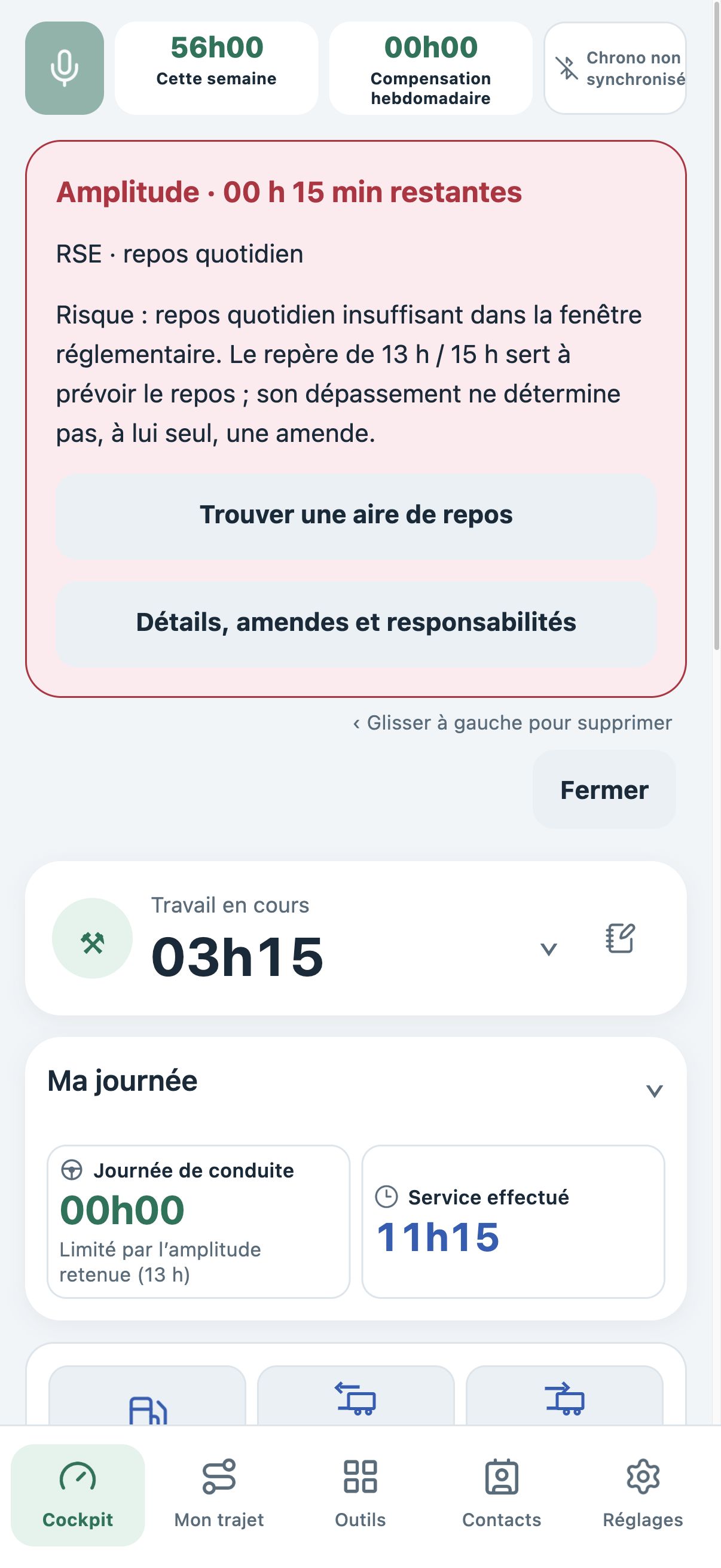Alerte TachyGood en mode clair : 15 minutes restantes avant le repère d’amplitude retenu.