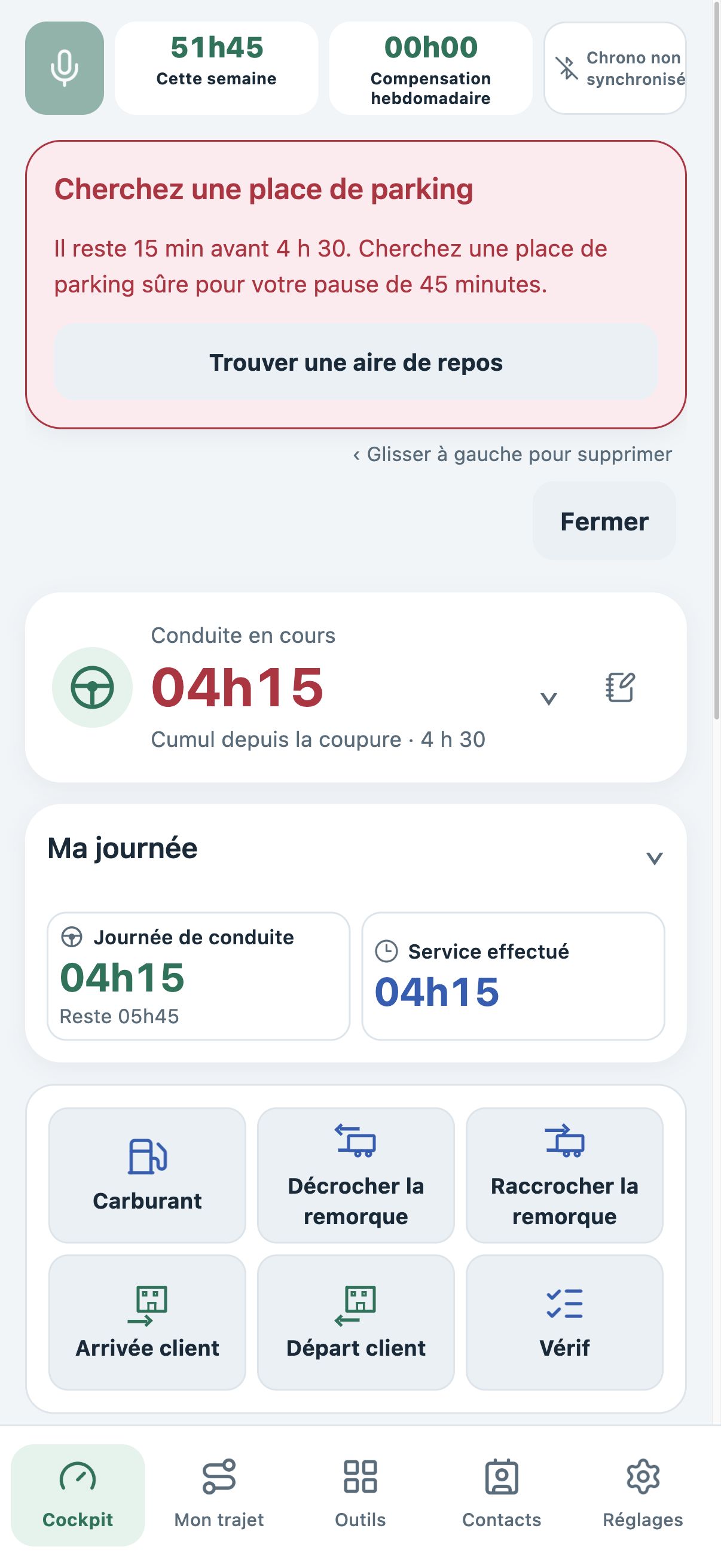 Alerte TachyGood en mode clair : il reste 15 minutes avant 4 h 30 de conduite.