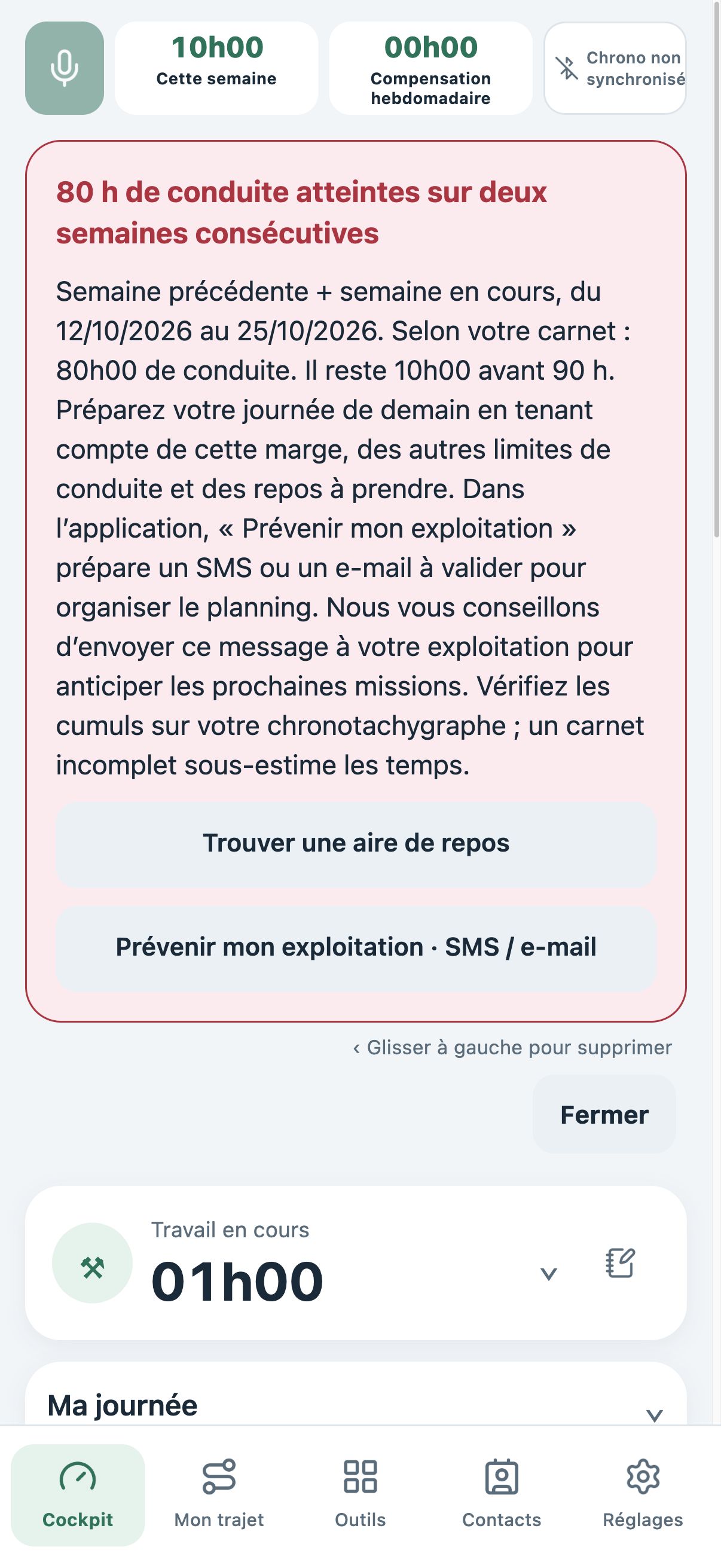 Alerte TachyGood en mode clair : 80 heures de conduite sur deux semaines, avec 10 heures restantes avant 90 heures.