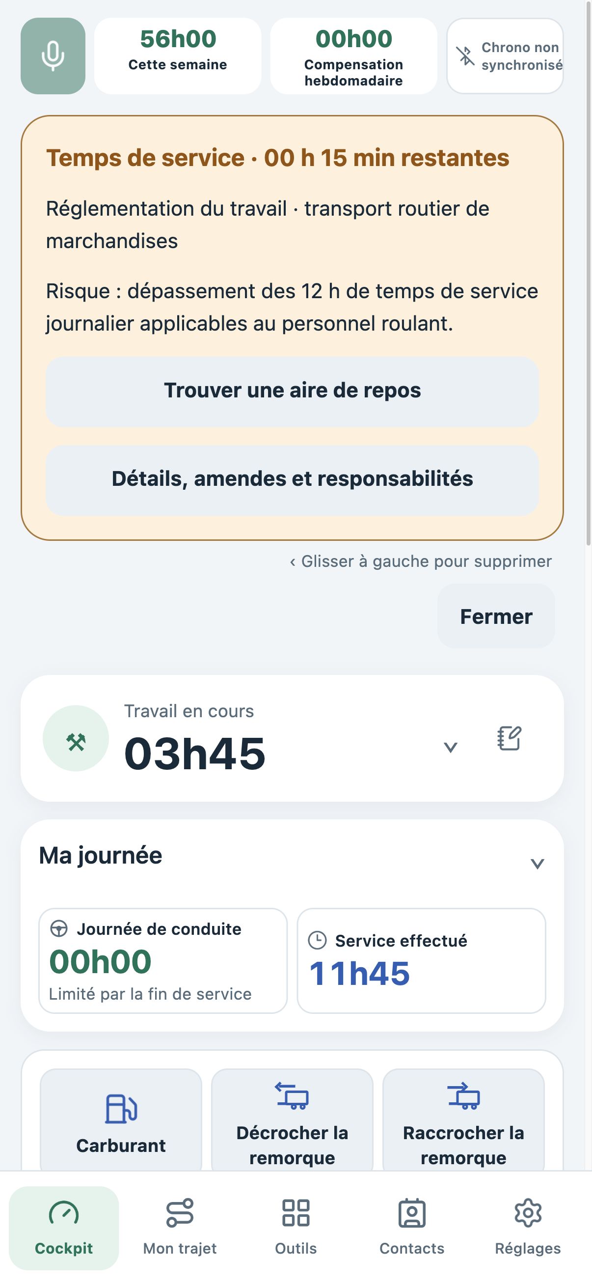 Alerte TachyGood en mode clair : 15 minutes restantes avant le repère de service du profil choisi.
