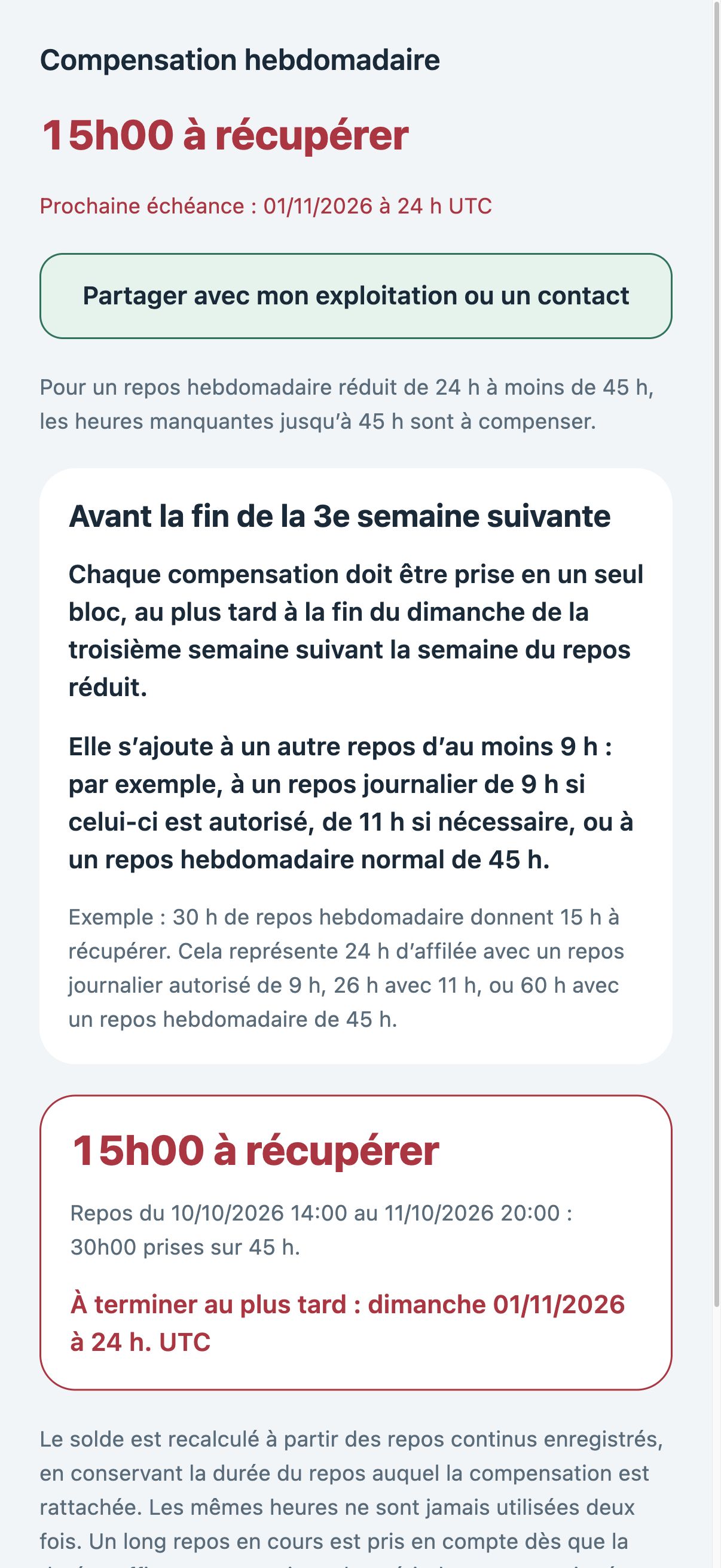 Écran TachyGood en mode clair : 15 heures de compensation hebdomadaire à récupérer, avec l’échéance indiquée en rouge.