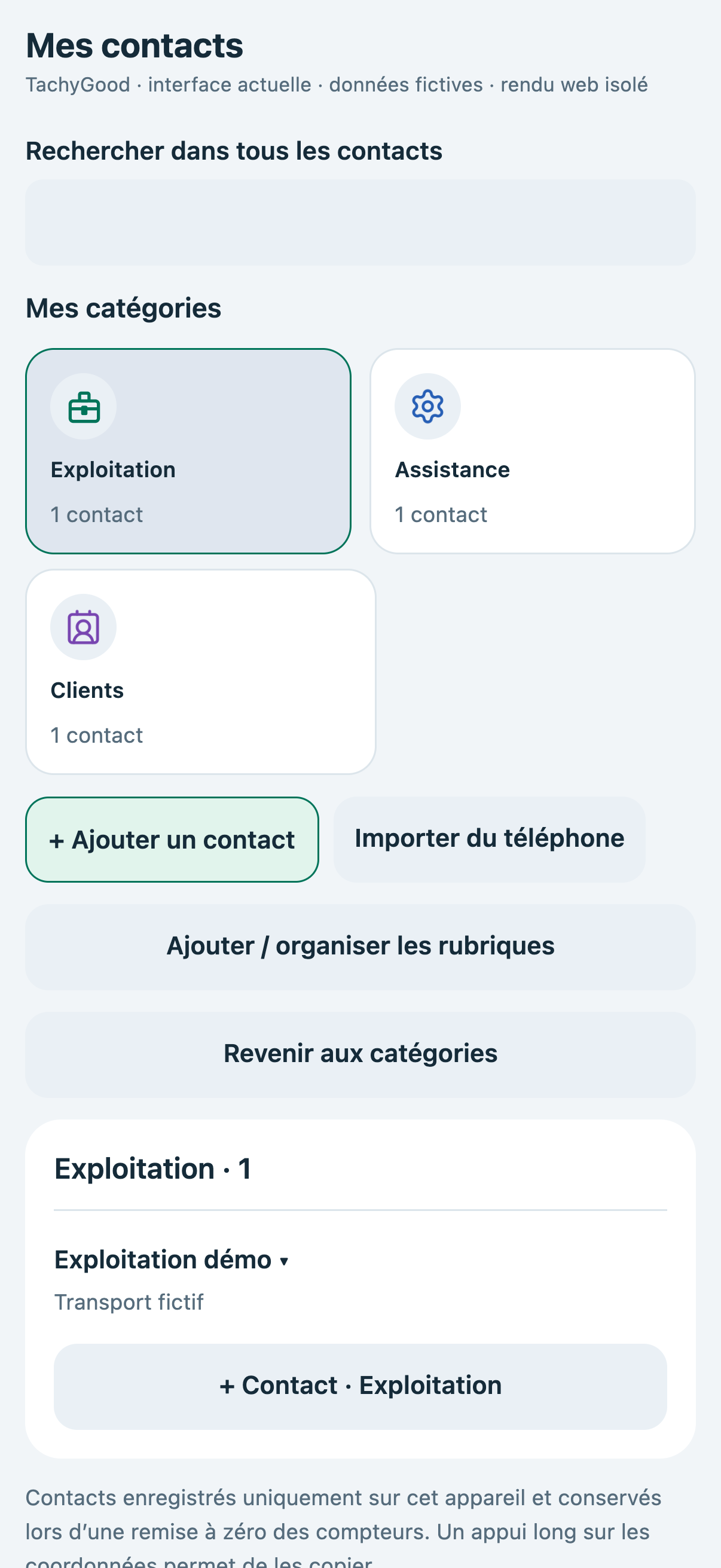 Aperçu du carnet de contacts TachyGood avec un contact fictif et ses informations.