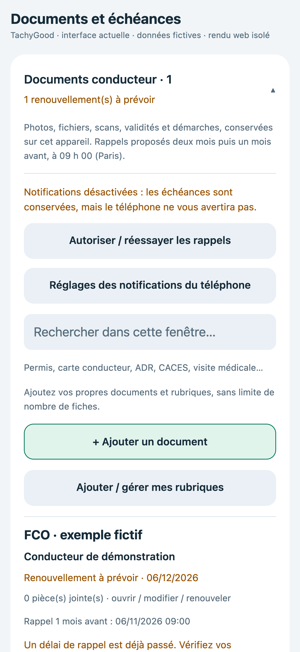 Aperçu des documents conducteur, de leurs dates de validité et de leurs échéances.