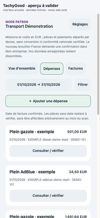 Aperçu du suivi des dépenses et justificatifs du mode Patron individuel.