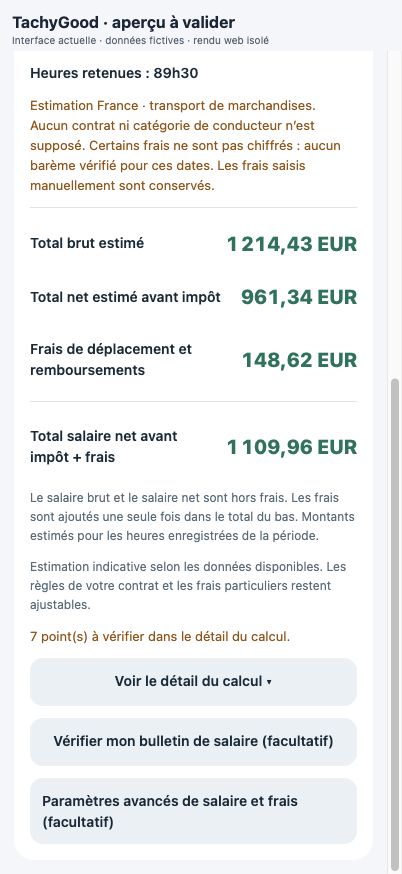 Aperçu d’une estimation de salaire, des frais et du détail du calcul.