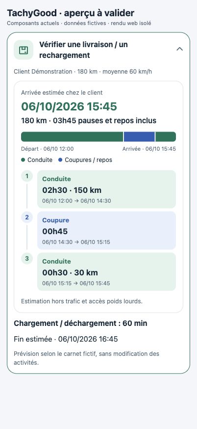 Aperçu TachyGood de la préparation d’un trajet et d’une livraison avec données fictives.